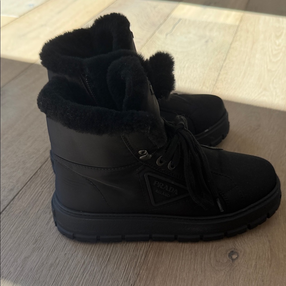 Prada Black Fur-Trim Lace-Up Winter Ankle Boots